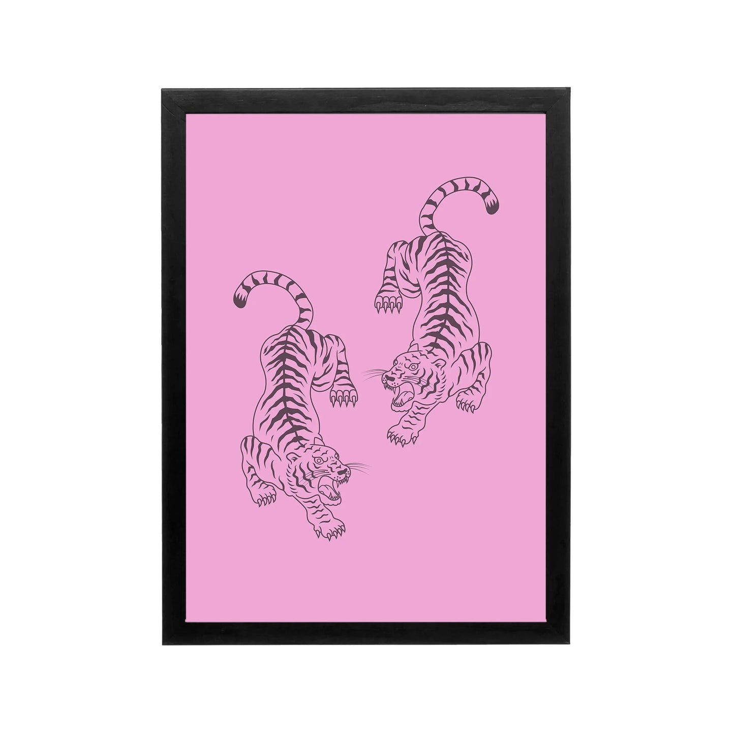 Pink tiger line art on hot pink background, preppy Y2K wall art for bedroom, dorm, or workspace