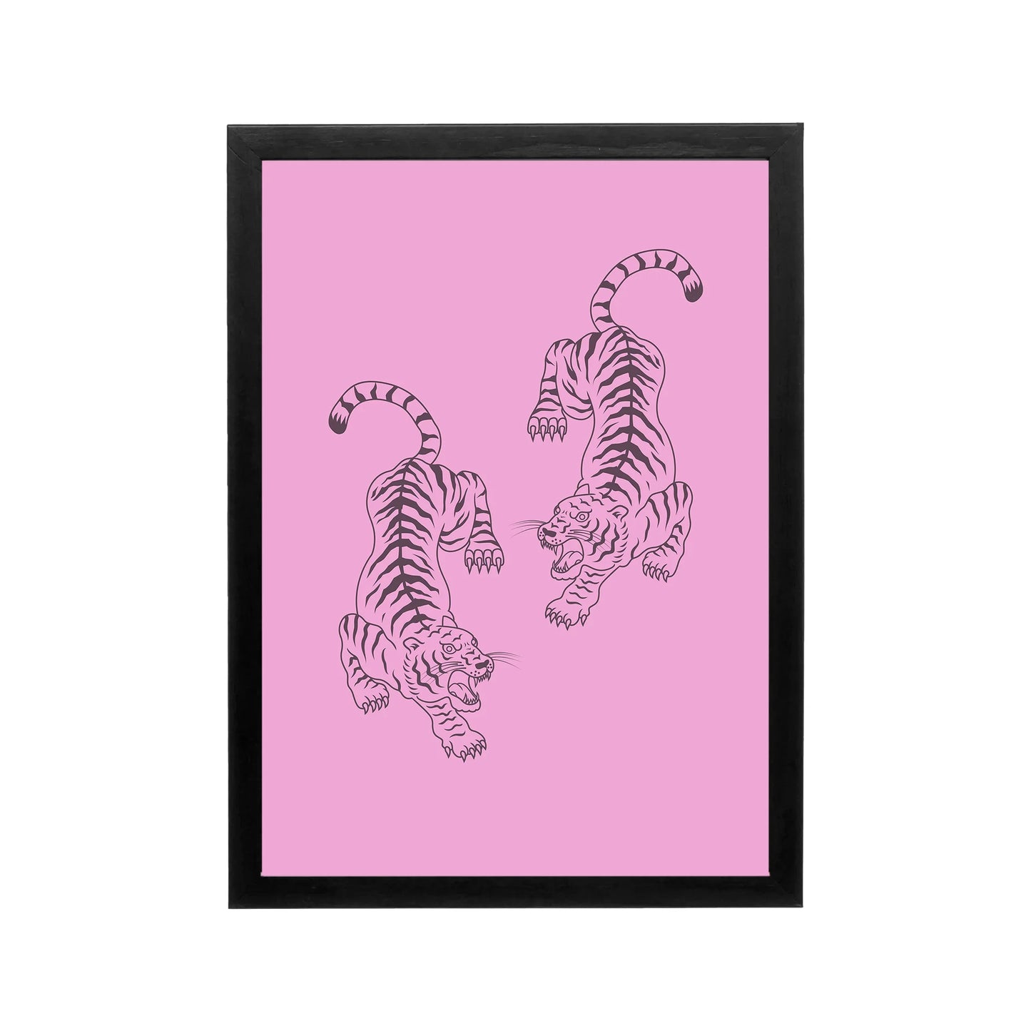 Pink tiger line art on hot pink background, preppy Y2K wall art for bedroom, dorm, or workspace