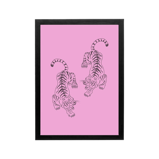 Pink tiger line art on hot pink background, preppy Y2K wall art for bedroom, dorm, or workspace