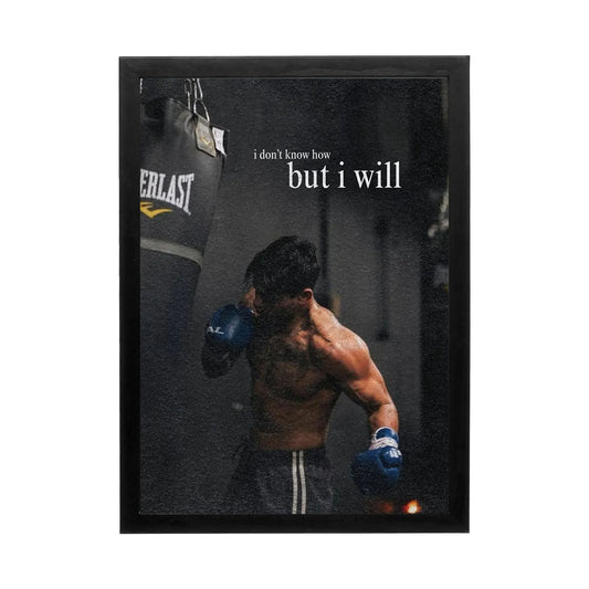 Motivational wall art featuring a boxer in blue gloves, dramatic shadows, and high contrast, perfect for a home gym or office.