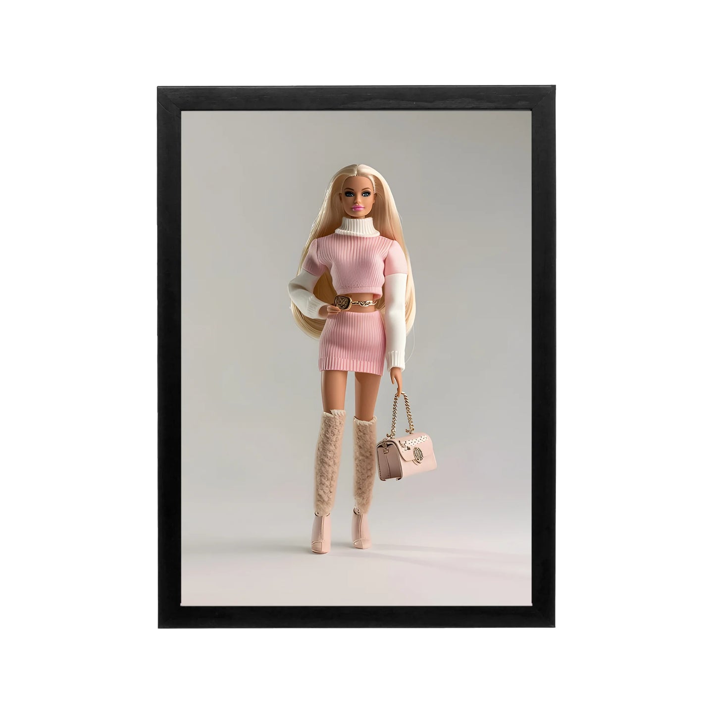 Blush pink preppy Y2K doll fashion print in black frame for bedroom, dorm, vanity or workspace
