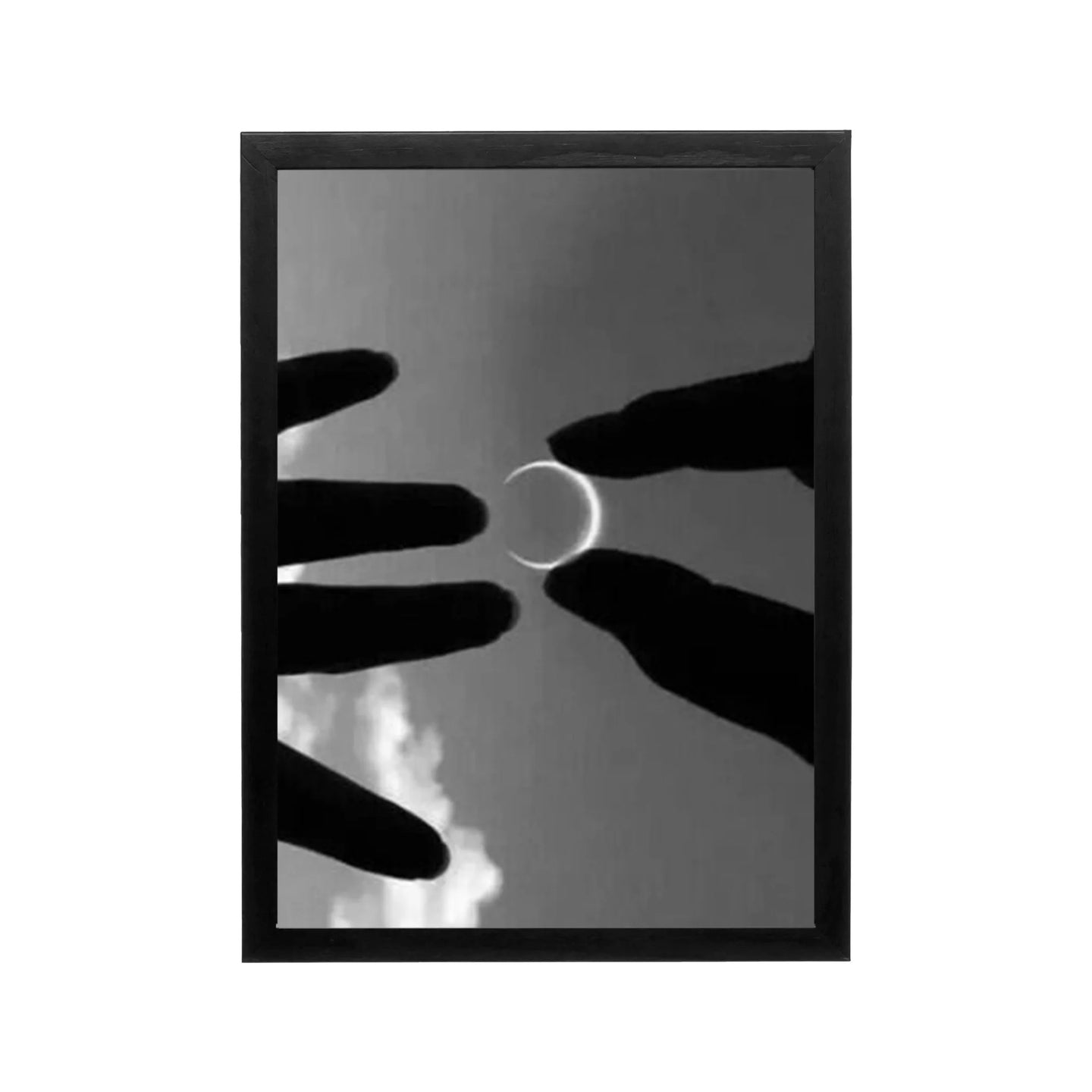 Abstract black and white framed print with silhouetted hands and crescent light for modern minimalist wall art