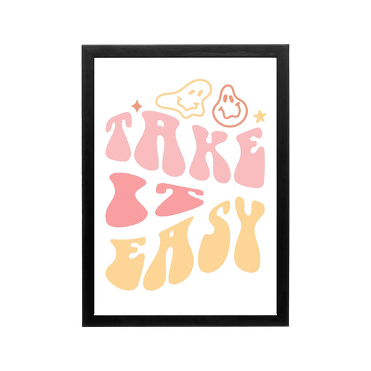 Pastel Take It Easy typography poster in pink and yellow, preppy Y2k style for bedroom or dorm