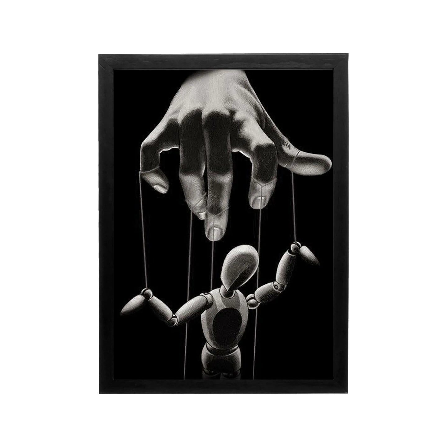 Black and white surreal puppet hand art with deep contrast and minimalist framing for modern living room decor