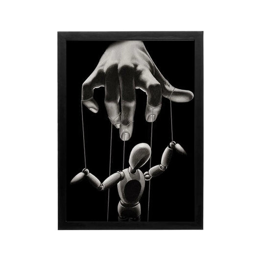 Black and white surreal puppet hand art with deep contrast and minimalist framing for modern living room decor