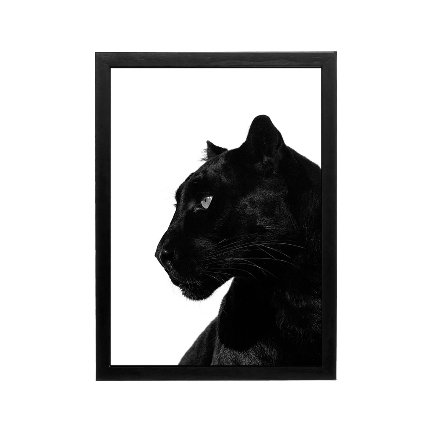 Black panther profile in high contrast monochrome portrait, minimalist framed wall art for living room or office