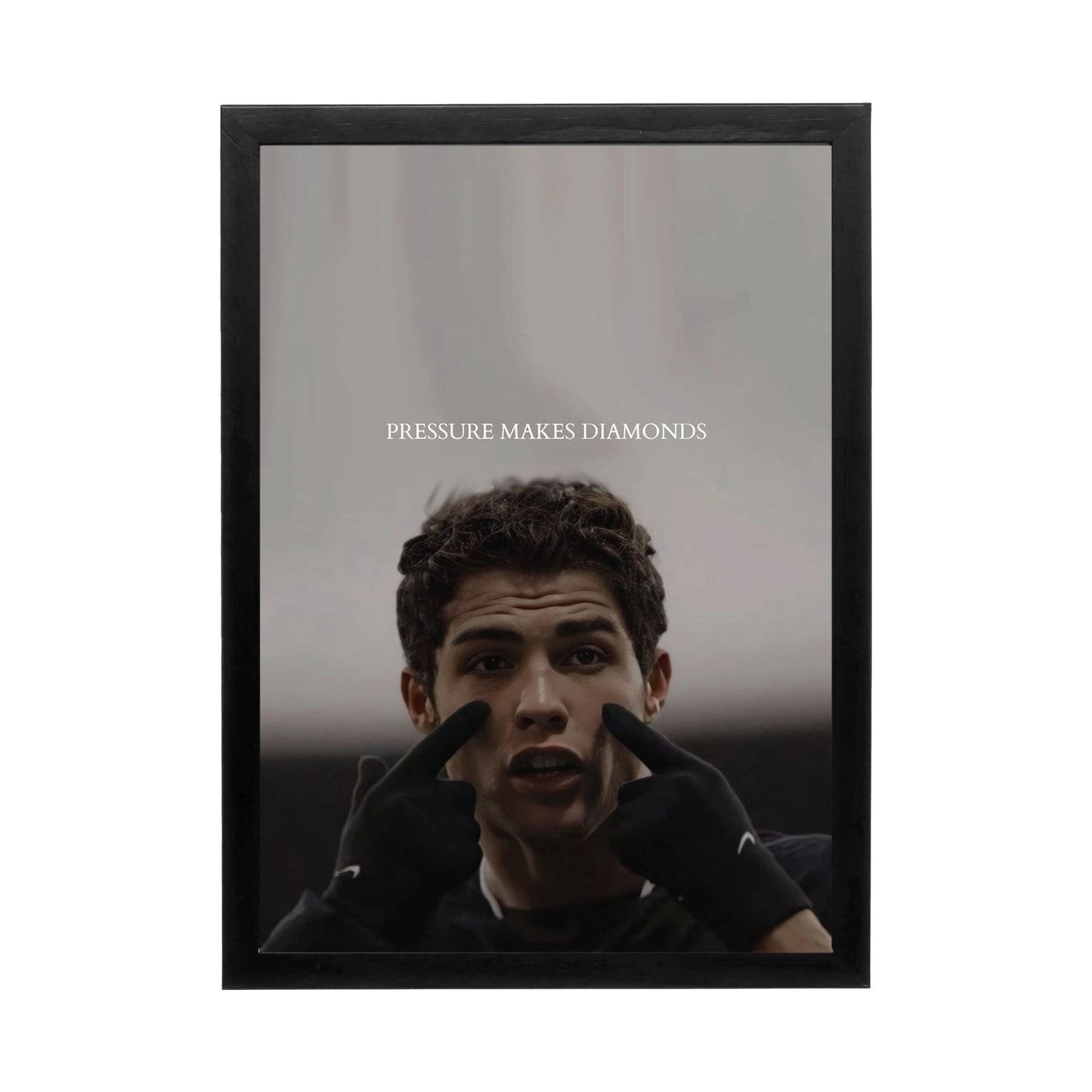 Dynamic wall art featuring a young man with intense expression and dramatic lighting for a modern office or gym.