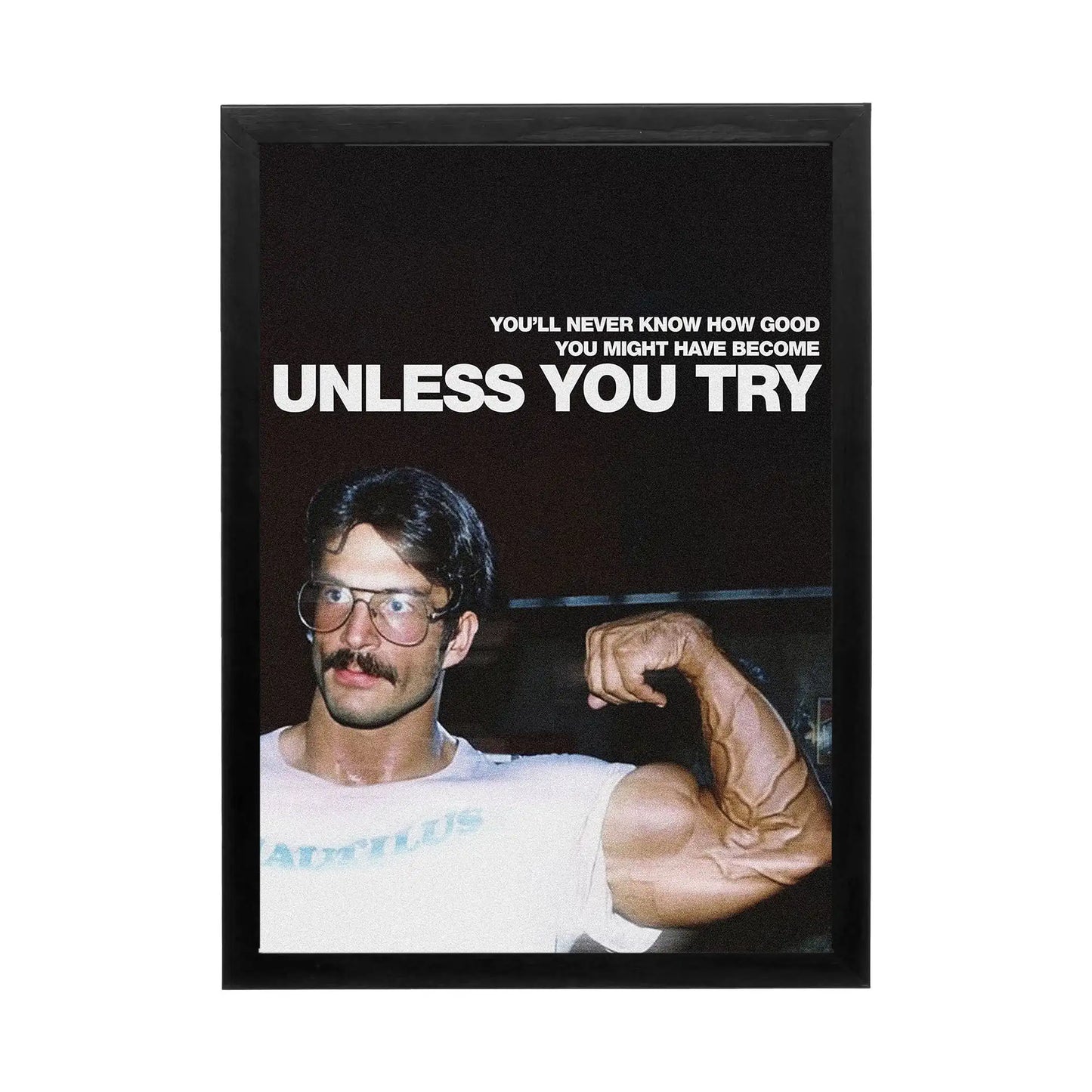 Dynamic artwork featuring a muscular figure flexing in dramatic lighting for motivational office or gym decor.