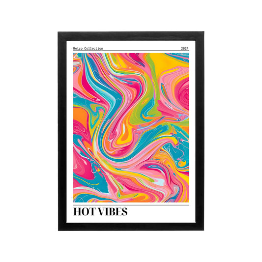 Hot Vibes retro typography poster with neon pink aqua and yellow swirls for bedroom dorm or vanity decor