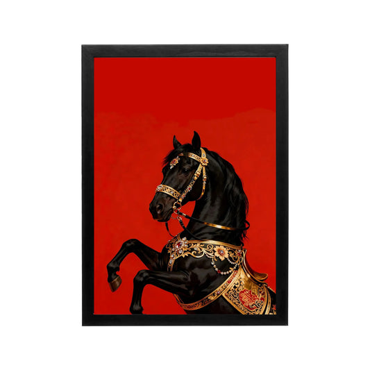 Black Arabian horse with ornate gold tack on crimson backdrop in regal Islamic art style for a majlis or Ramadan dining area.