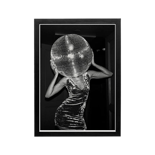 Black and white editorial print of a figure with mirrored sphere head, high contrast monochrome wall art for modern interiors
