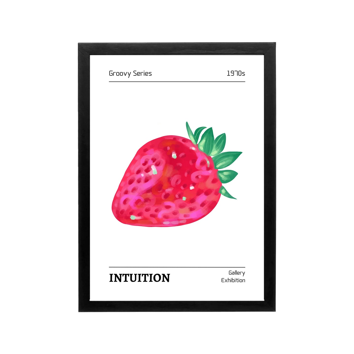 Pink strawberry print with Intuition text, green leaves, white background, retro preppy style for bedroom or dorm decor