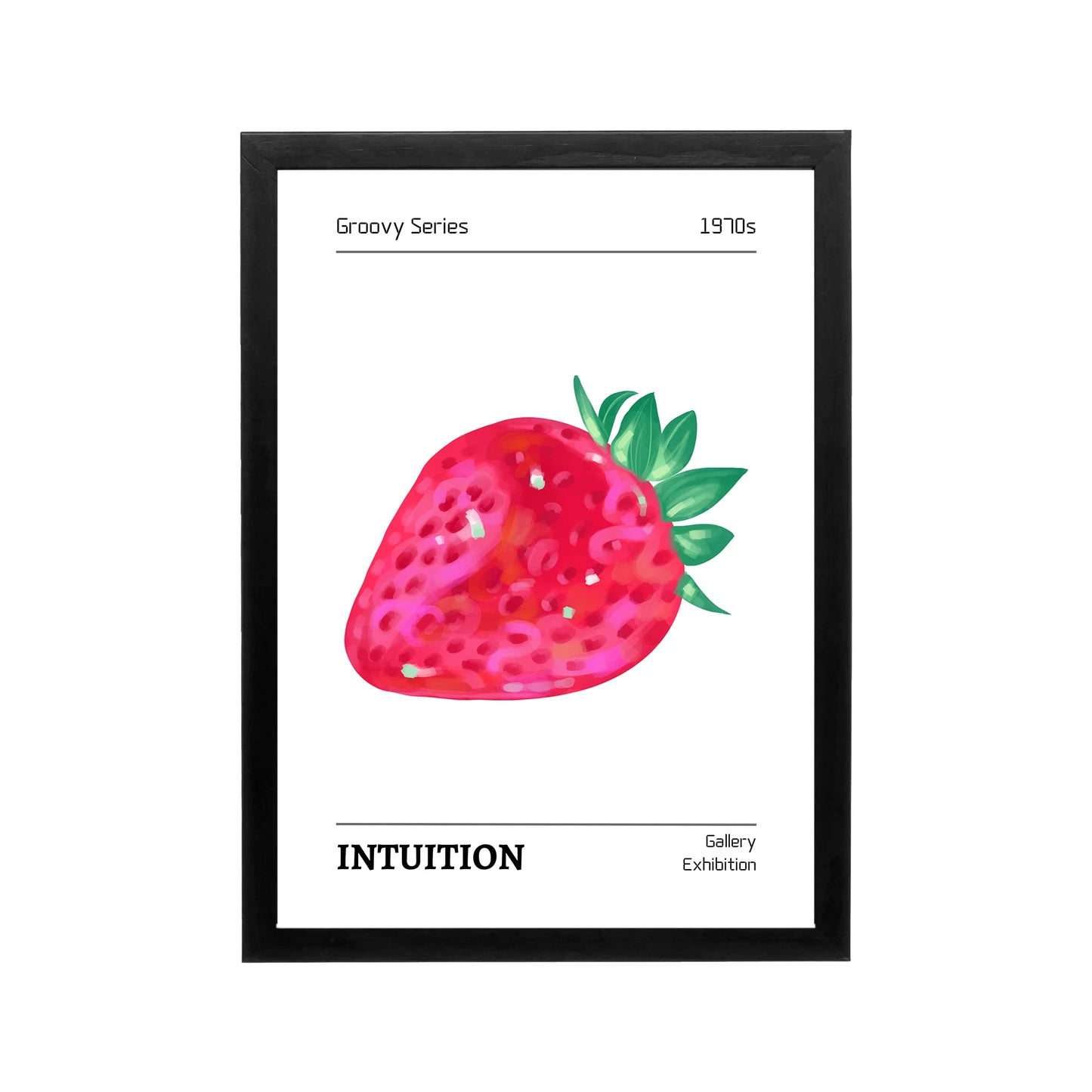 Pink strawberry print with Intuition text, green leaves, white background, retro preppy style for bedroom or dorm decor