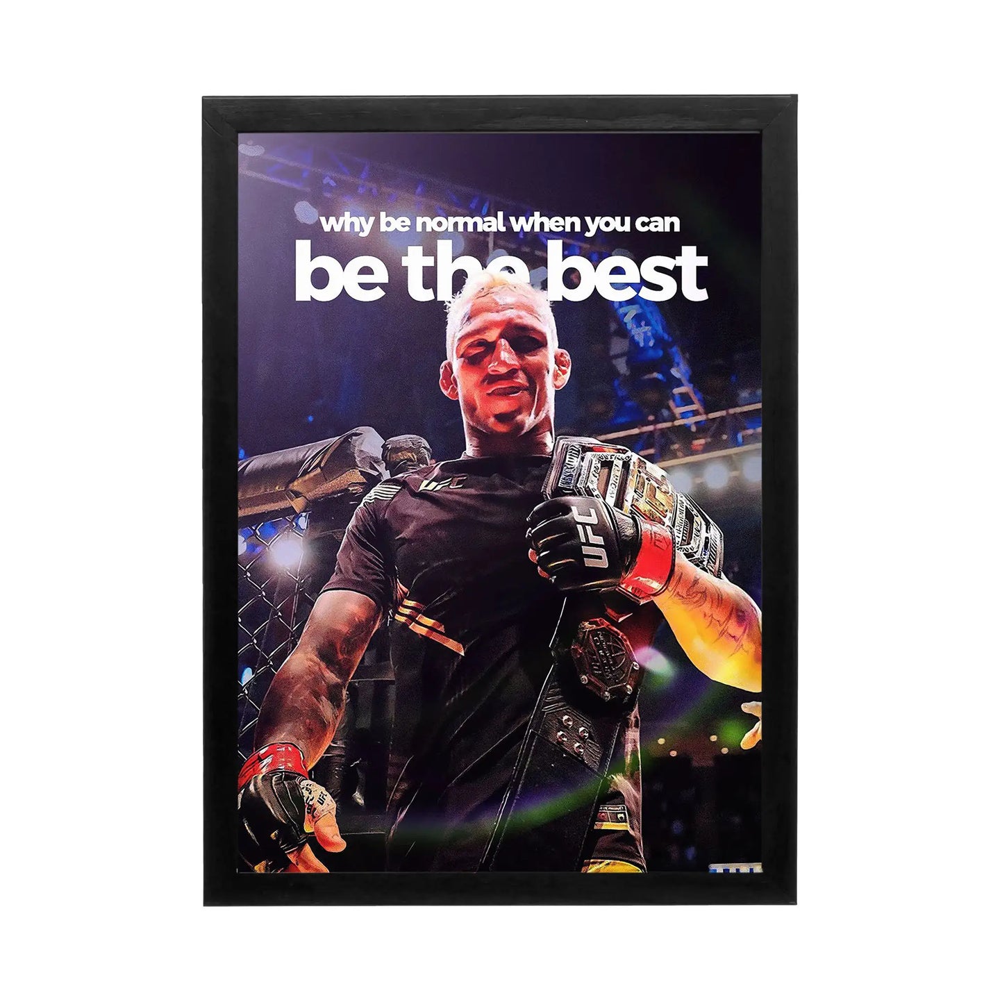 Dynamic wall art featuring a championship fighter in vivid lighting, inspiring workspace décor for motivation and ambition.