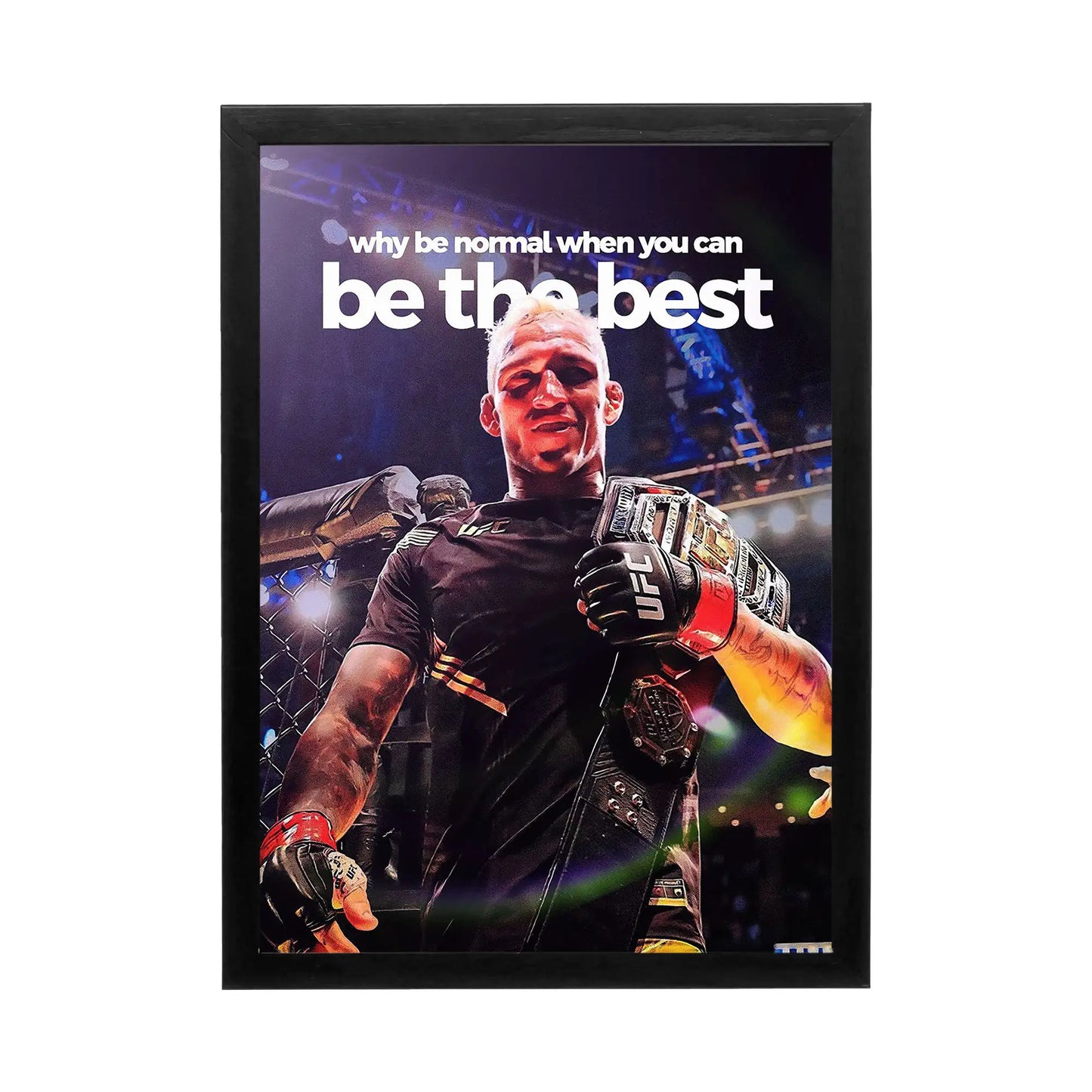 Dynamic wall art featuring a championship fighter in vivid lighting, inspiring workspace décor for motivation and ambition.