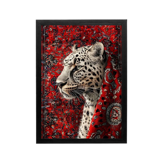 Leopard portrait against a crimson Persian rug in Arabian style with gold detailing, ideal for a majlis dining area.