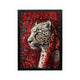Leopard portrait against a crimson Persian rug in Arabian style with gold detailing, ideal for a majlis dining area.