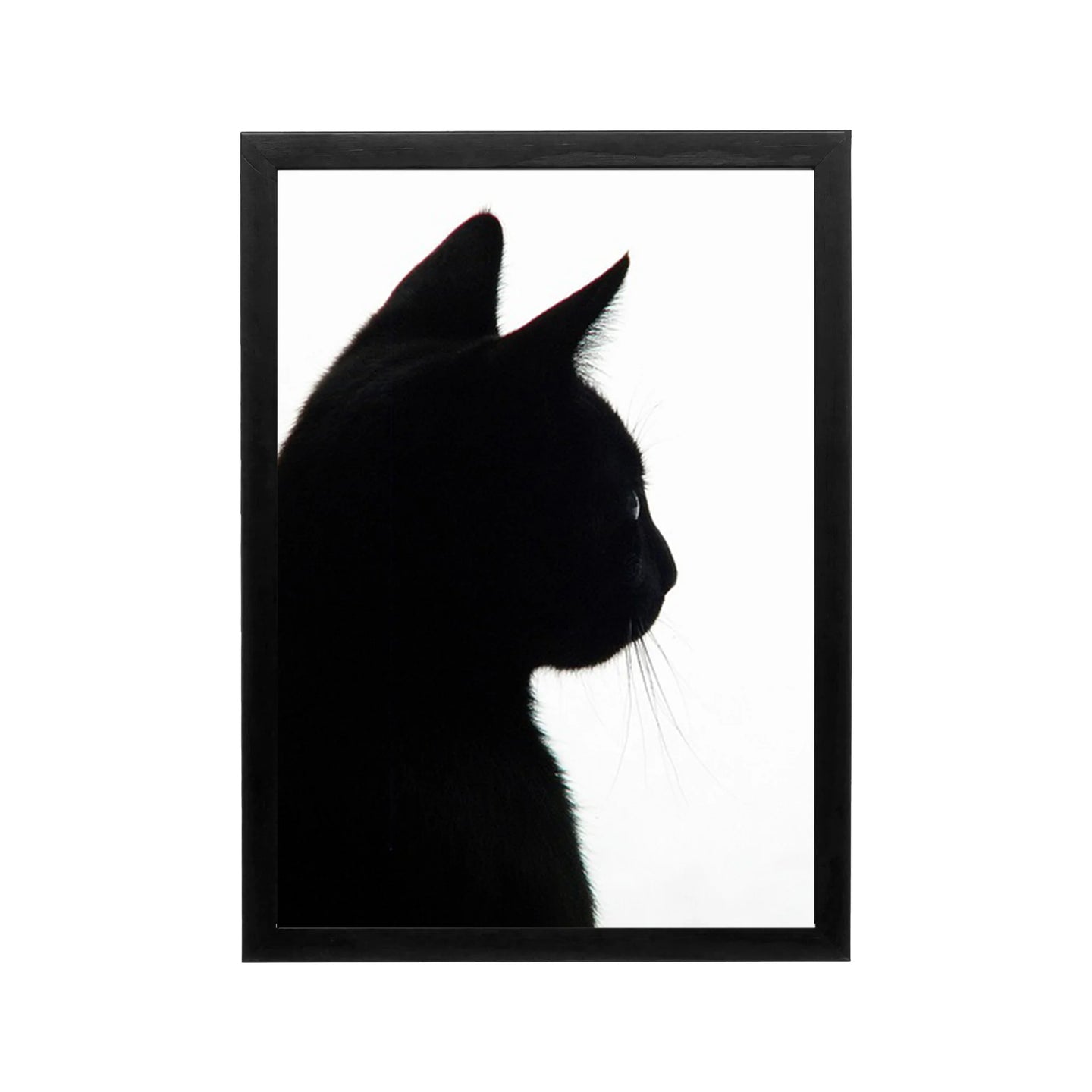 Black cat silhouette in high contrast monochrome framed wall art for minimalist living room or hallway decor