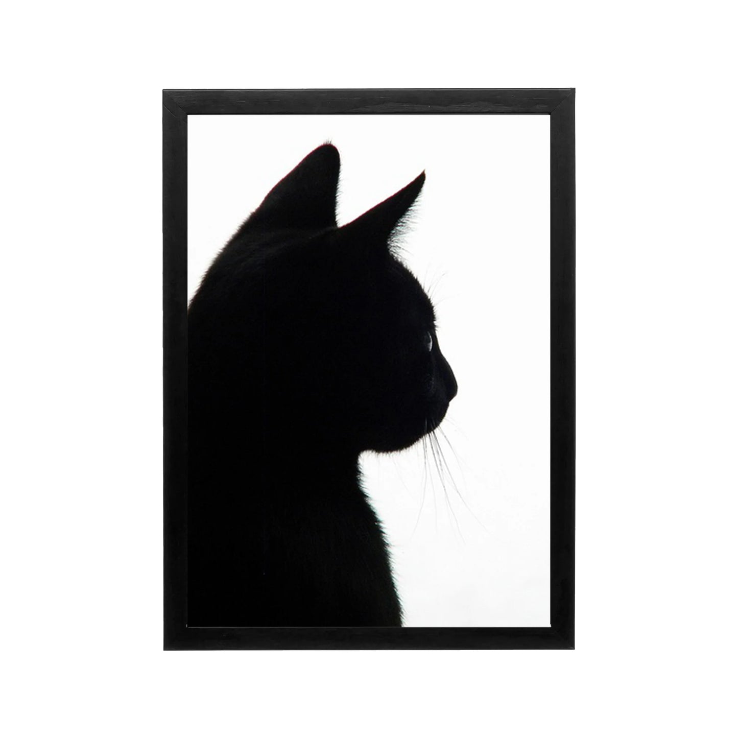 Black cat silhouette in high contrast monochrome framed wall art for minimalist living room or hallway decor