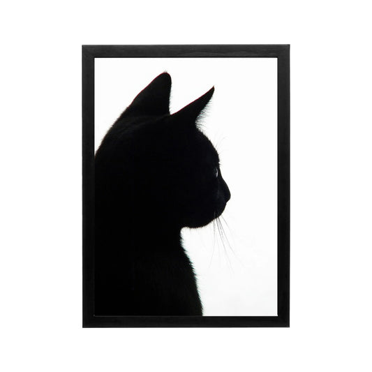 Black cat silhouette in high contrast monochrome framed wall art for minimalist living room or hallway decor