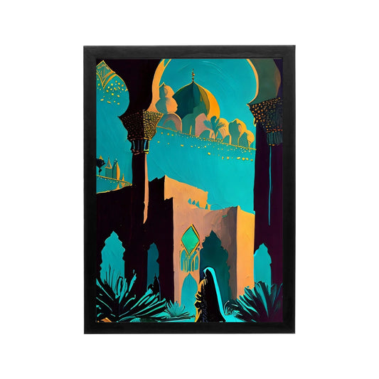 Teal and gold Arabian architectural wall art portraying serene nightscape framed for luxurious iftar dining or prayer area ambiance.