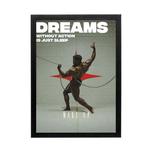 A powerful wall art featuring a muscular figure breaking chains in dramatic lighting, ideal for a high-performance workspace.