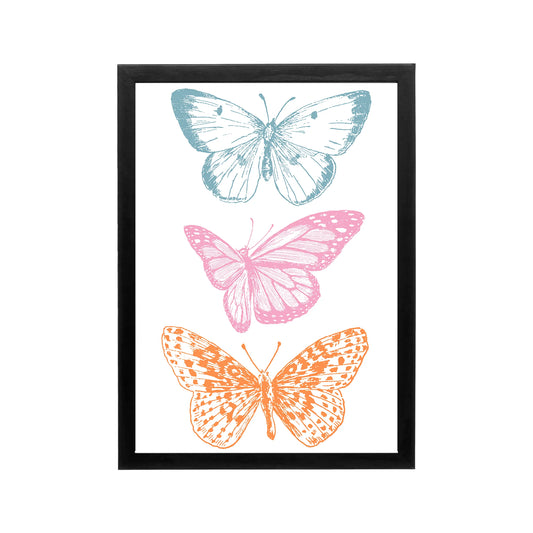 Three pastel butterflies in blue, pink, and orange on white, preppy Y2K wall art for bedroom, dorm, or vanity