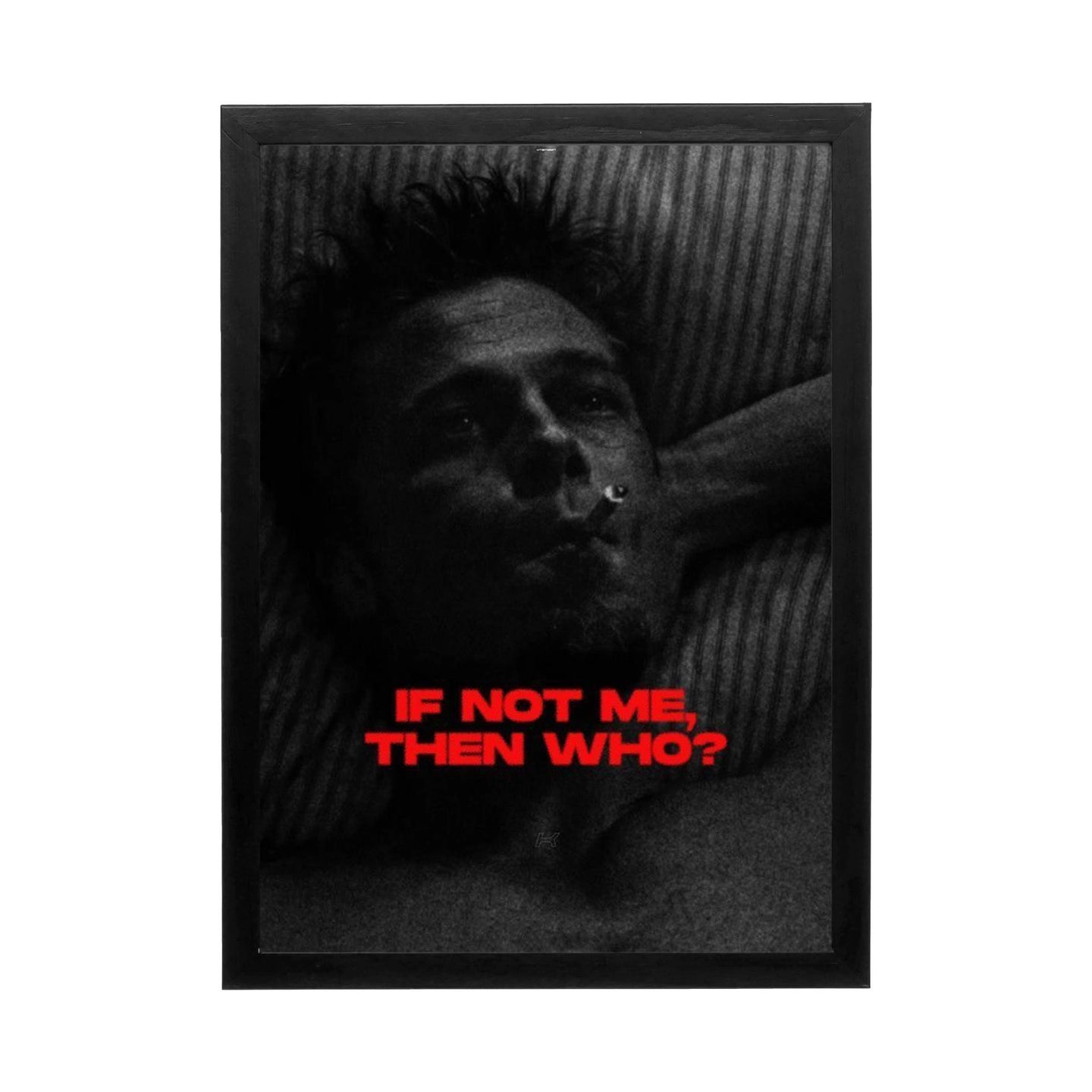 High-contrast wall art featuring a contemplative figure with dramatic lighting and motivational text for a modern office.