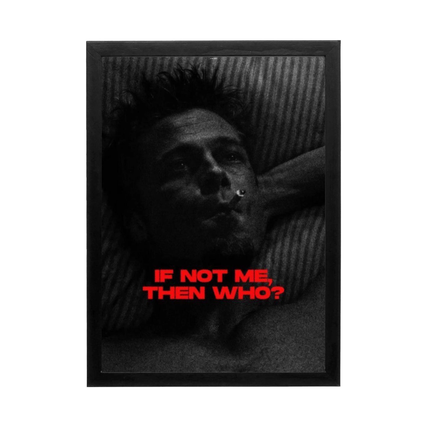 High-contrast wall art featuring a contemplative figure with dramatic lighting and motivational text for a modern office.