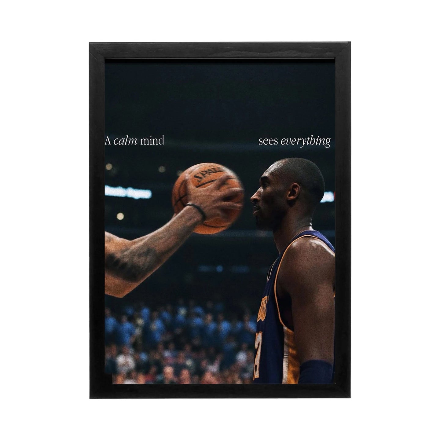 Inspirational wall art featuring a focused basketball player under dramatic arena lighting, perfect for office or study.