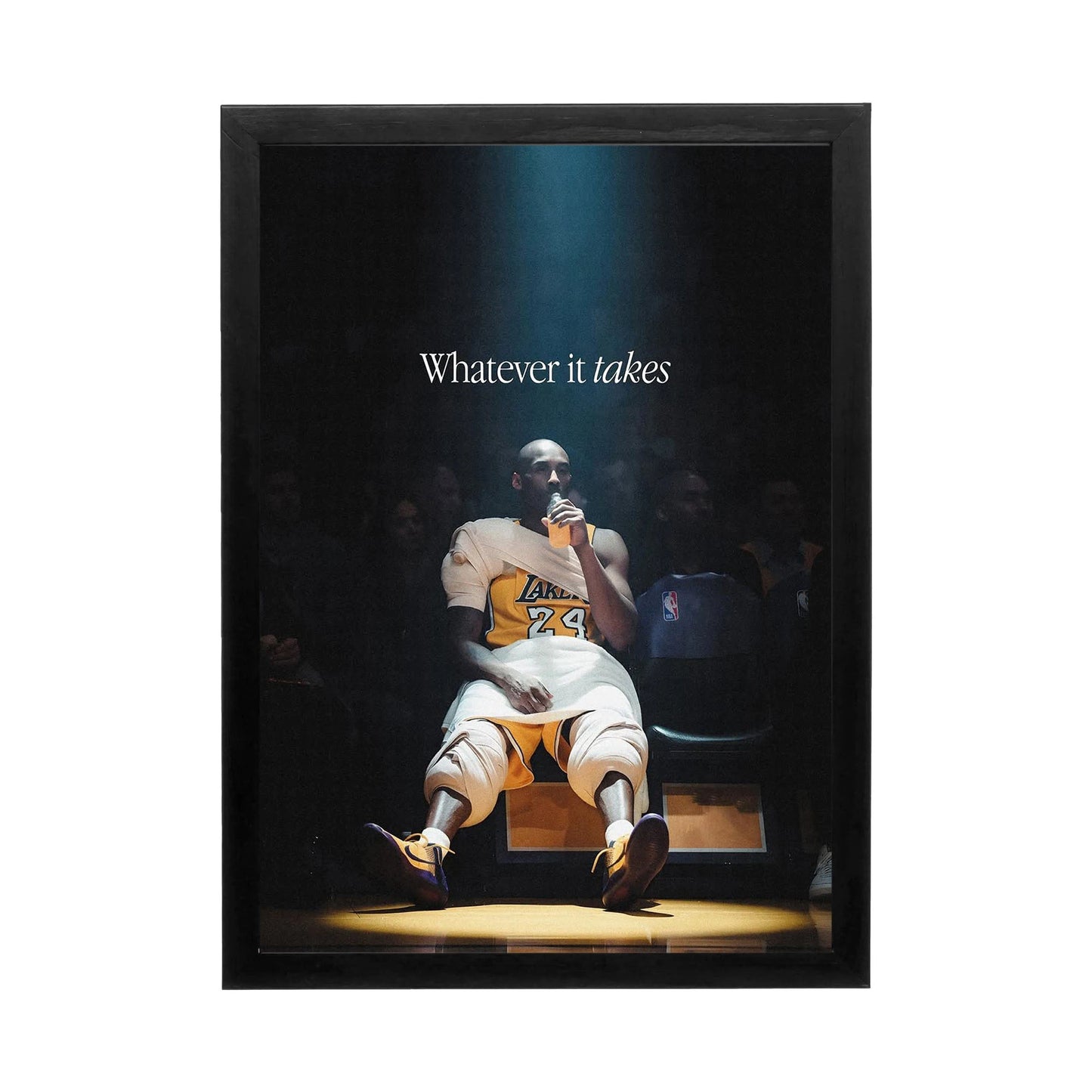 Kobe Bryant dramatic wall art with focused spotlight, perfect for inspiring athletic or high-performance spaces.