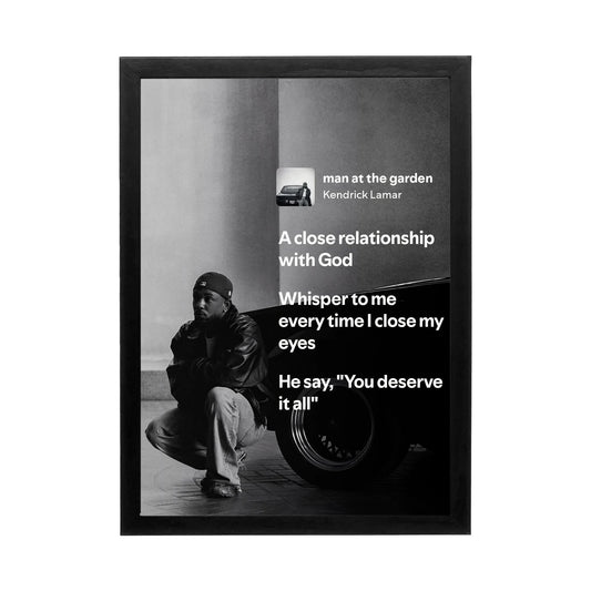 Black and white wall art featuring poignant lyrics by Kendrick Lamar with a moody aesthetic for modern office or creative space.