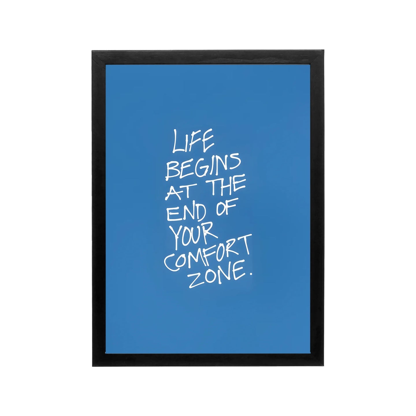 Blue framed poster with white Life Begins Here typography, bold affirmation style for bedroom dorm or workspace