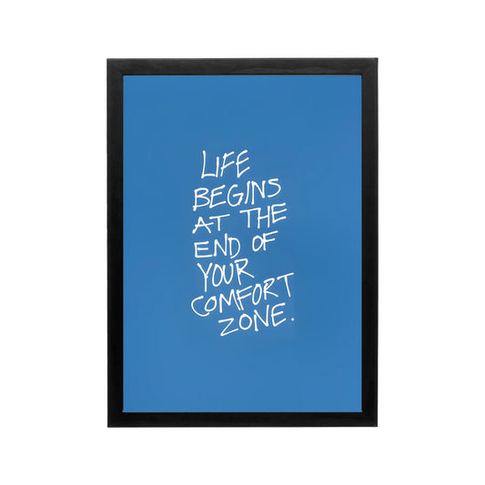 Blue framed poster with white Life Begins Here typography, bold affirmation style for bedroom dorm or workspace