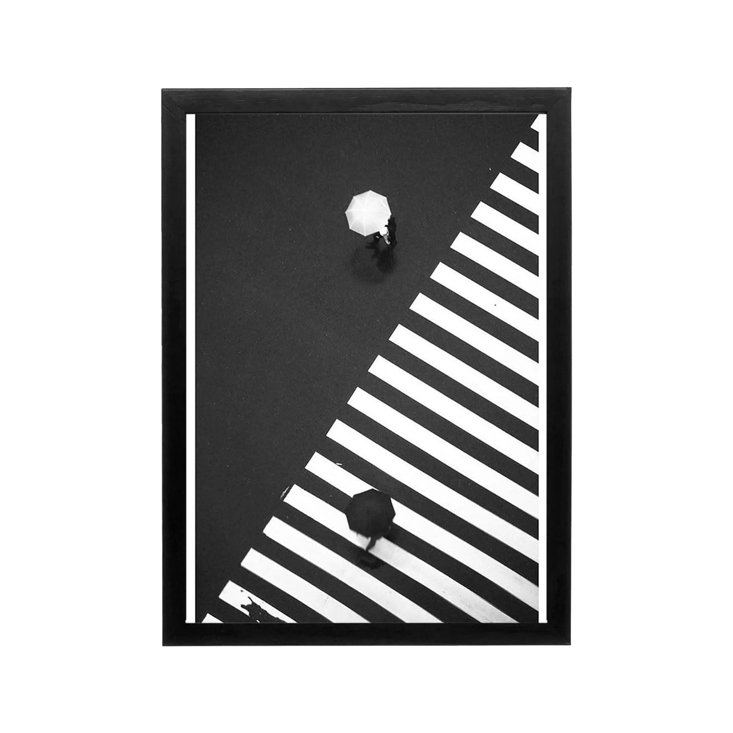 Black and white framed poster with diagonal stripes and umbrella figures, minimalist editorial style for modern interiors