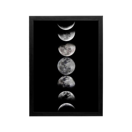 Black and white lunar phase print with vertical moons on a black background, minimalist wall art for modern spaces