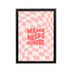 Pink checkerboard Mama Needs Coffee poster with coral retro typography, preppy Y2K style for bedroom dorm or workspace