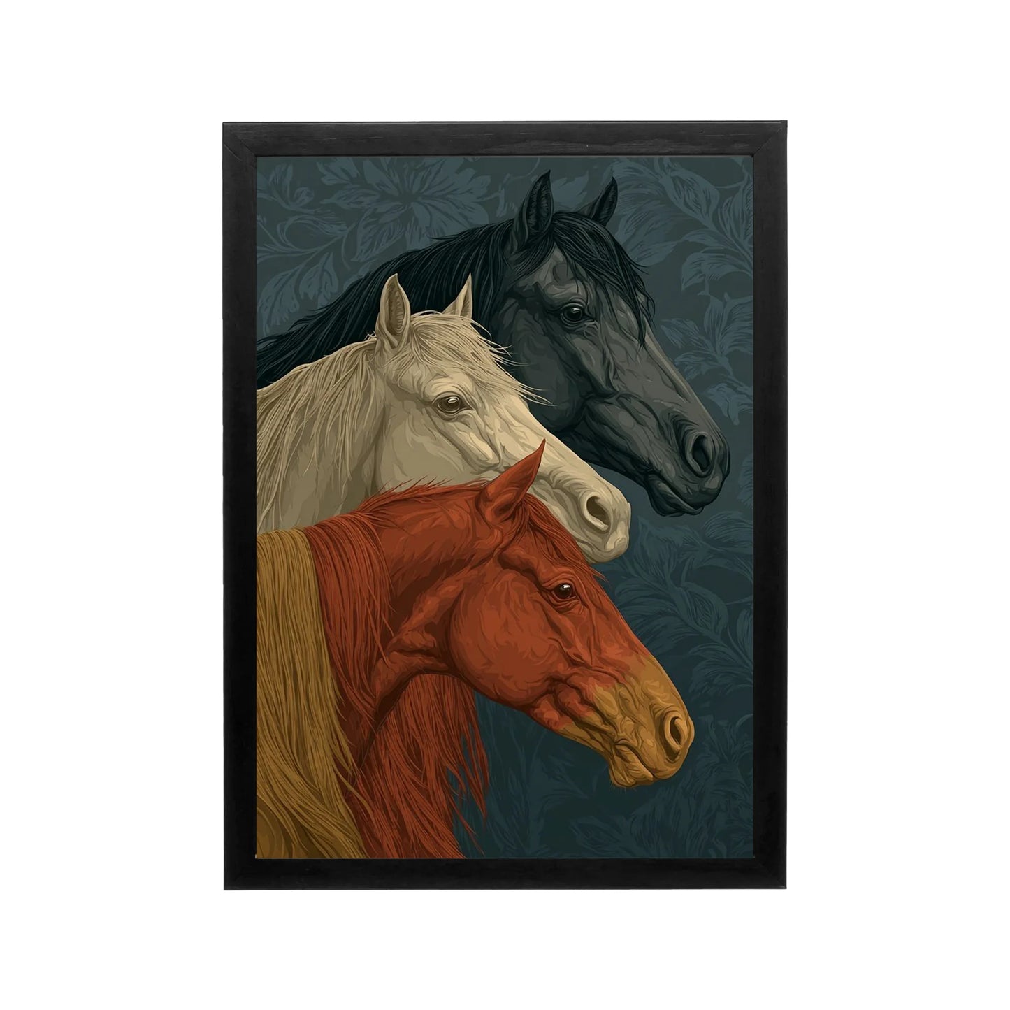 Three horses in profile in chestnut ivory and onyx lead the scene against a midnight teal arabesque backdrop, regal Arabian art for a majlis for a refined living room