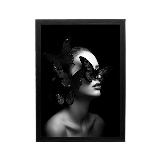 Black and white portrait with butterflies on a female face, high contrast editorial style for modern wall art in living room