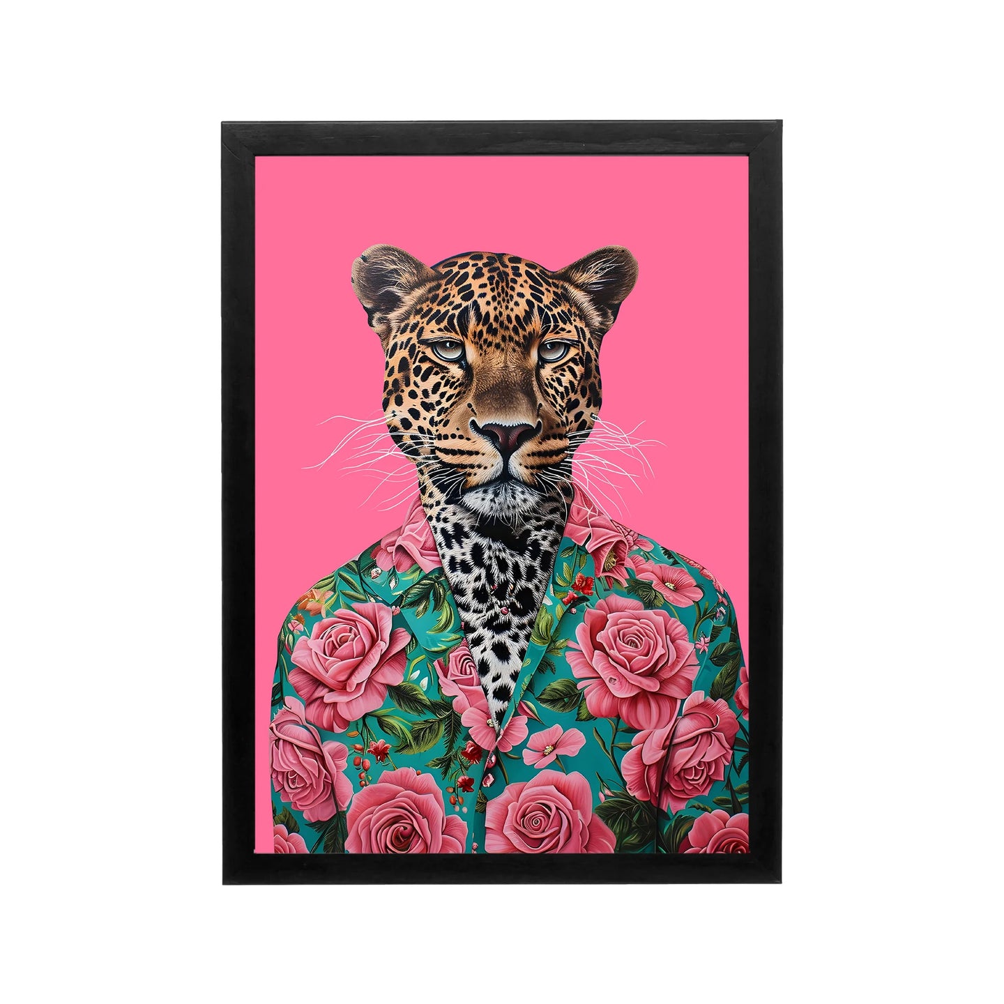 Leopard portrait in teal floral blazer on hot pink background, preppy Y2K glam wall art for bedroom or dorm