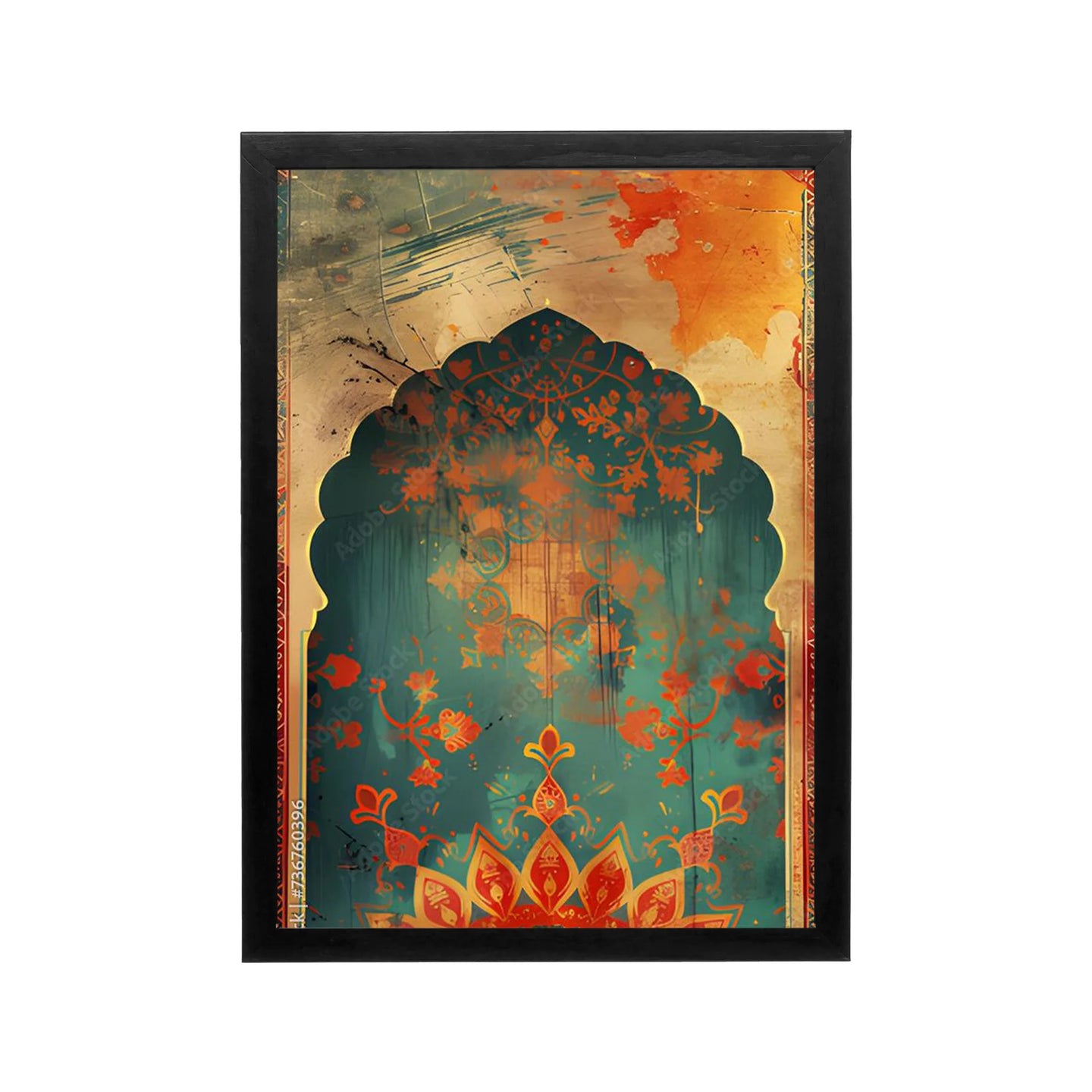 Teal and crimson ornamental Arabian wall art with golden hues and black framing, ideal for a refined Ramadan majlis or prayer corner.
