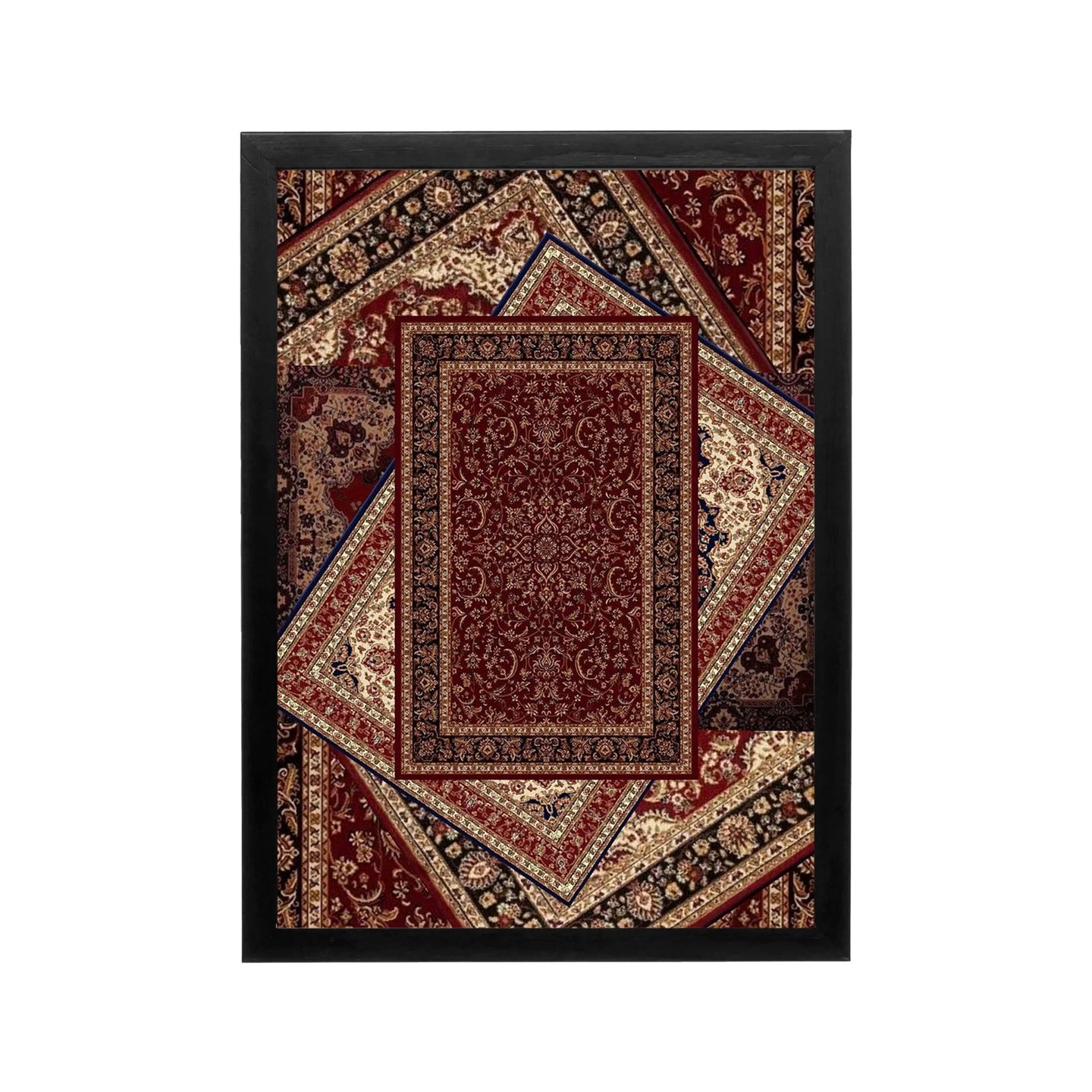 Intricately patterned red and beige Arabian Nights wall art with ornamental black and gold details for a luxurious Muslim majlis or prayer room.