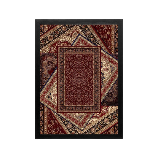 Intricately patterned red and beige Arabian Nights wall art with ornamental black and gold details for a luxurious Muslim majlis or prayer room.