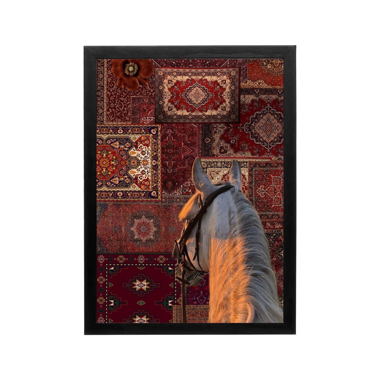 Horse head over ornate Persian carpet collage in crimson and gold, Arabian inspired wall art for a majlis or iftar space.