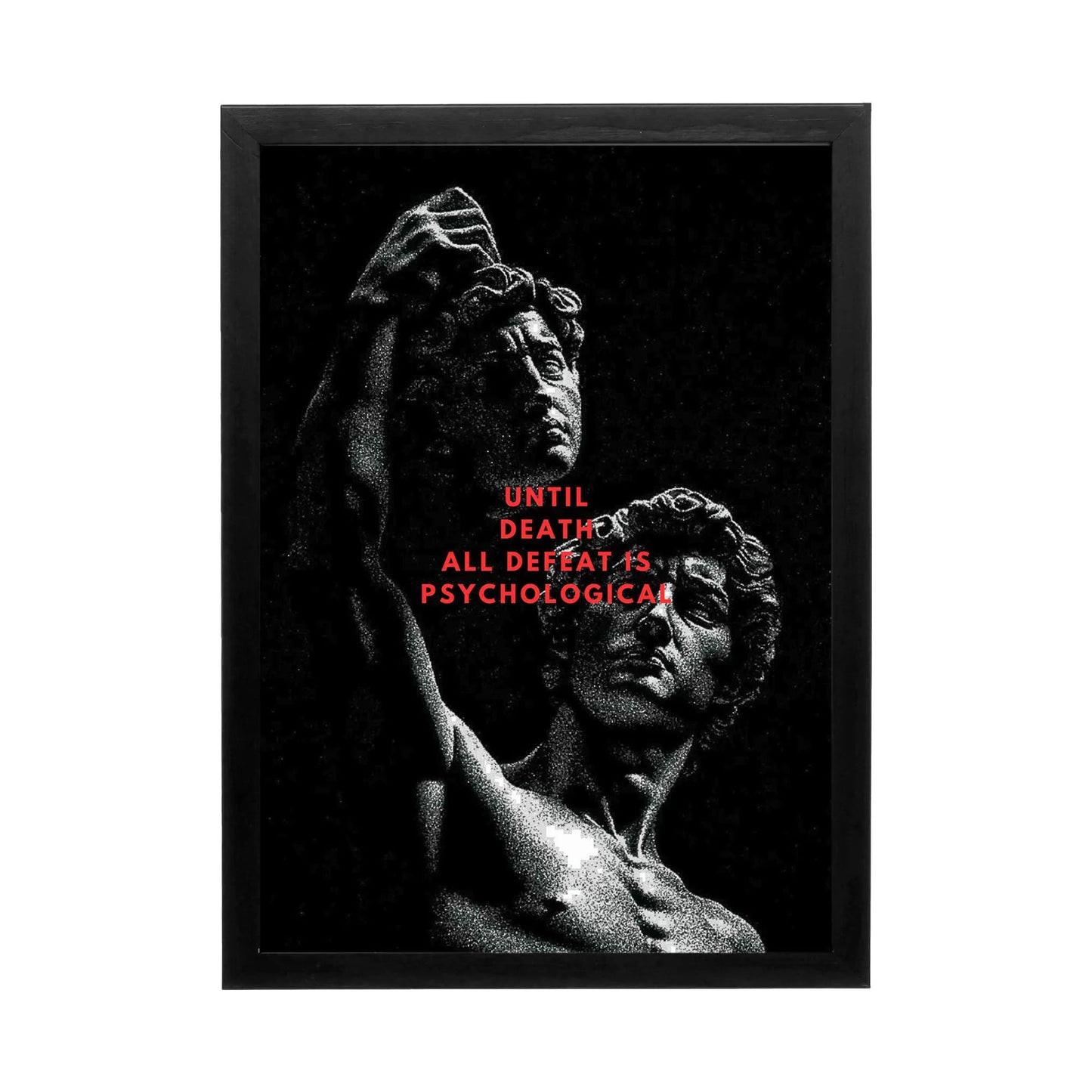 Dramatic wall art featuring dual sculptures against a black backdrop, ideal for an inspiring office or motivational workspace.