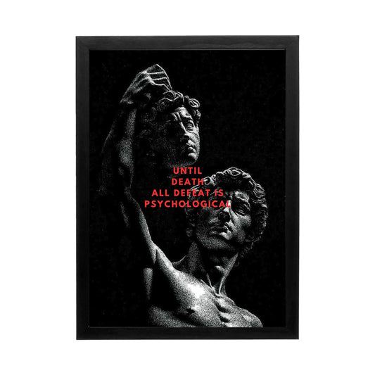 Dramatic wall art featuring dual sculptures against a black backdrop, ideal for an inspiring office or motivational workspace.