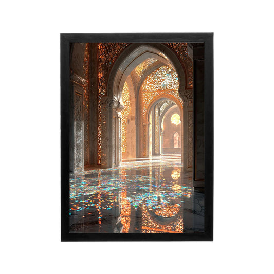 Golden arches and lattice motifs in a black-framed Islamic print with blue and gold reflections for a majlis or Ramadan hall.