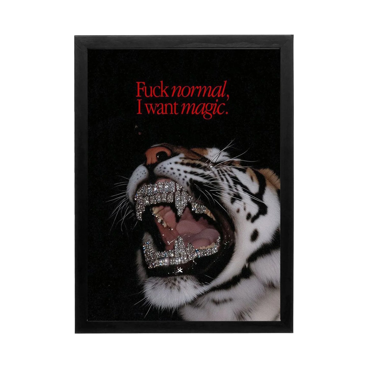 A fierce tiger roaring with diamond-like teeth on a black background, eye-catching wall art for office or creative space.