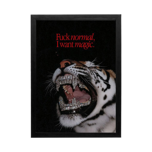 A fierce tiger roaring with diamond-like teeth on a black background, eye-catching wall art for office or creative space.