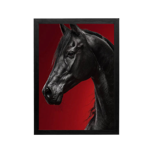 Black Arabian horse portrait on crimson background in regal Islamic art style for a luxurious majlis or iftar dining space ambiance